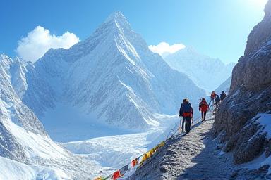 Trekkers on a narrow path in the Himalayas with snowy peaks in the background.