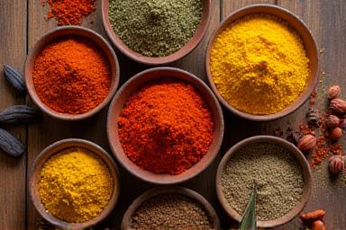 An overhead shot of various colorful Indian spices in small bowls.