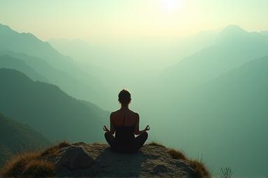 A person meditating on a mountain viewpoint overlooking a misty valley.