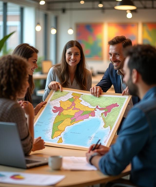 The Samudra Trails team collaborating around a large map of India.