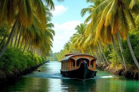 A traditional houseboat sails through a narrow canal lined with palm trees in Kerala.