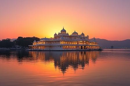 The Lake Palace hotel in Udaipur surrounded by water at sunset.